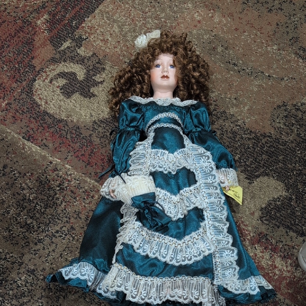 Porcelain Collector Doll in Teal Lace Dress
